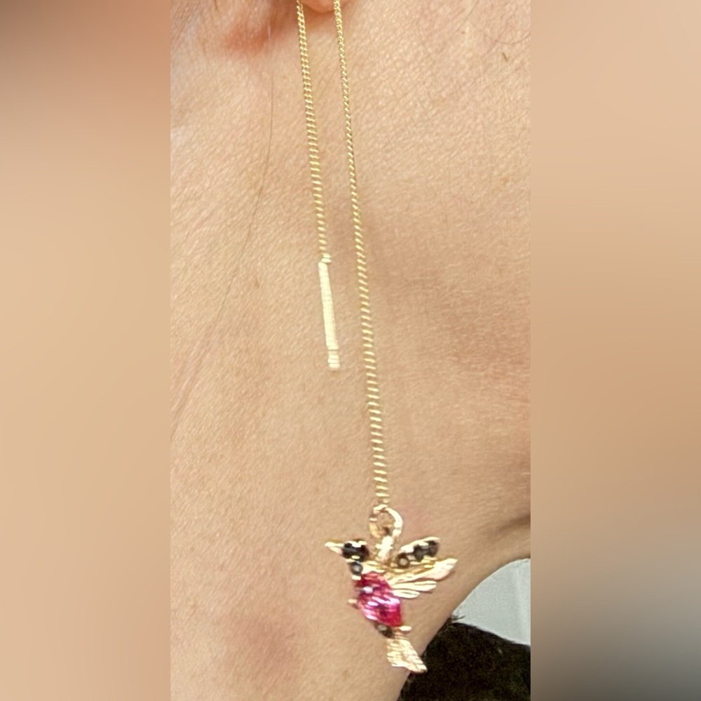 NWT Gold and Pink Hummingbird Threader Earrings